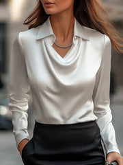 Women's Swing Collar Draped Shirts & Blouses Elegant Solid Satin Office Ladies Top Pullover Spring Long Sleeve Casual Tops