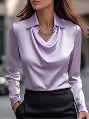 Women's Swing Collar Draped Shirts & Blouses Elegant Solid Satin Office Ladies Top Pullover Spring Long Sleeve Casual Tops
